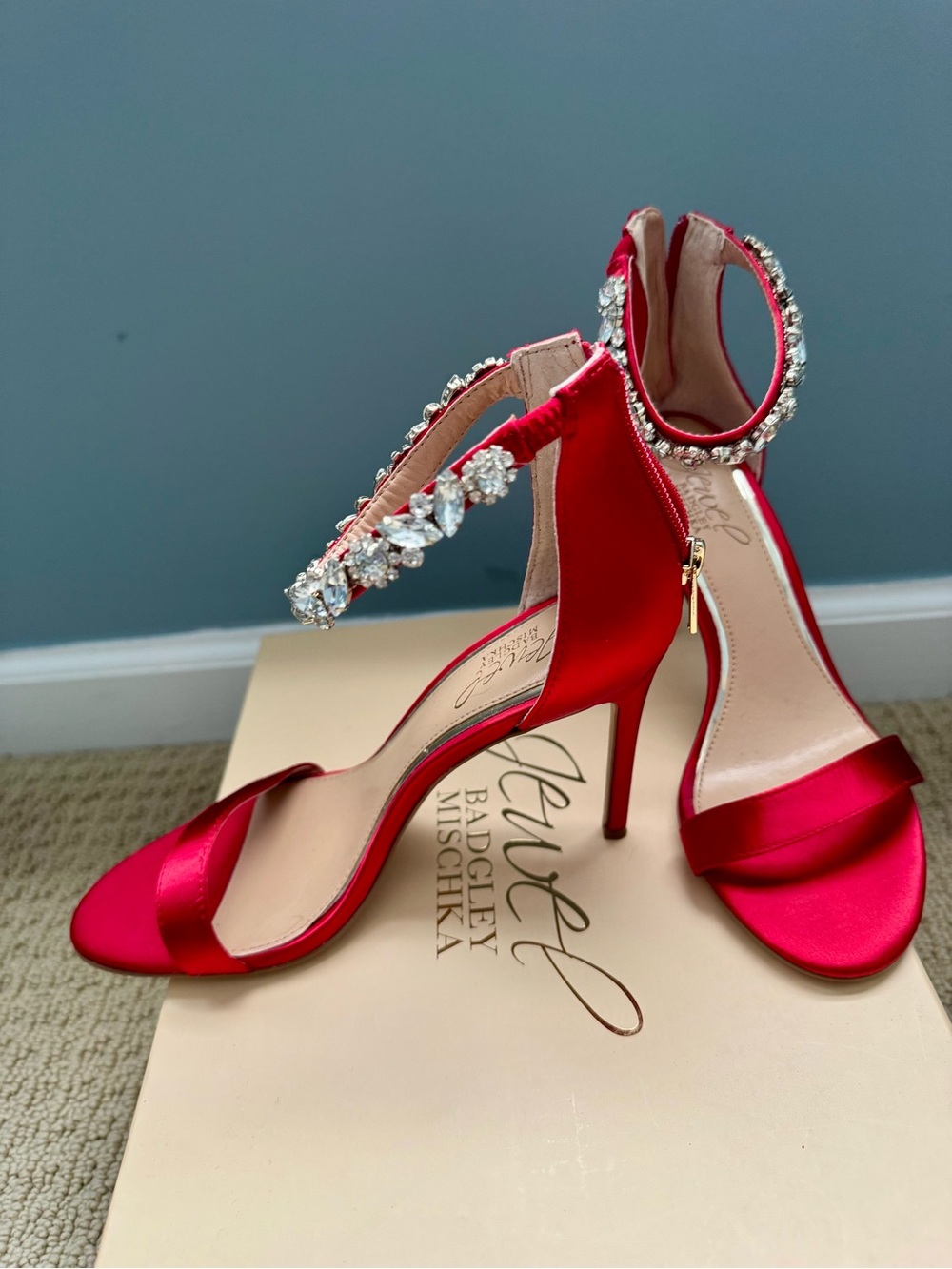 Badgley Mischka Red Satin Crystal-Ankle Strap Stilettos - Picture 2 of 6